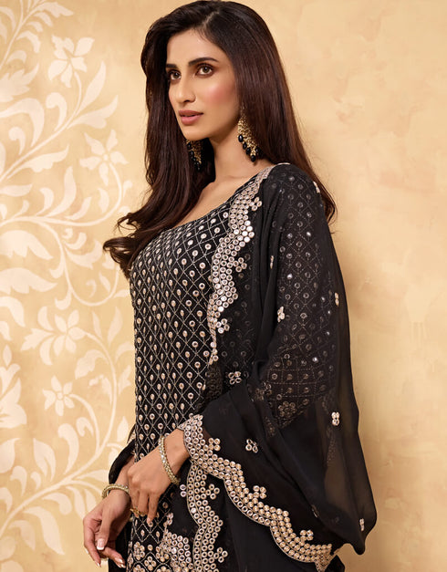 Black Palazzo style Salwar Suit Georgette Salwar Kameez in Embroidery, Stone & Lace Work Closure View Embroidery Back side View