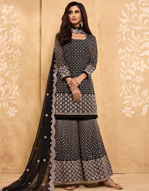 Black Palazzo style Salwar Suit Georgette Salwar Kameez in Embroidery, Stone & Lace Work Closure View Embroidery