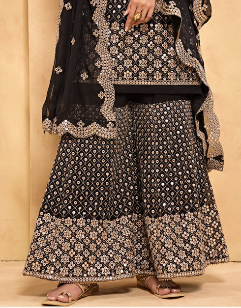 Black Palazzo style Salwar Suit Georgette Salwar Kameez in Embroidery, Stone & Lace Work Closure View
