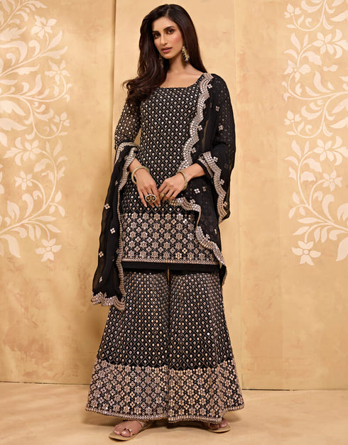Black Palazzo style Salwar Suit Georgette Salwar Kameez in Embroidery, Stone & Lace Work