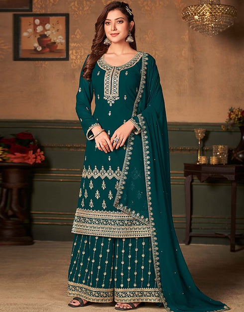 Bottle Green Faux Georgette Palazzo Suit