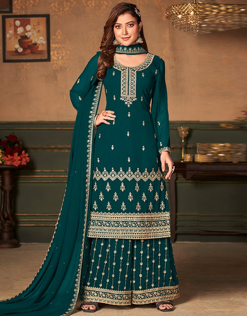 Bottle Green Faux Georgette Palazzo Suit Back View