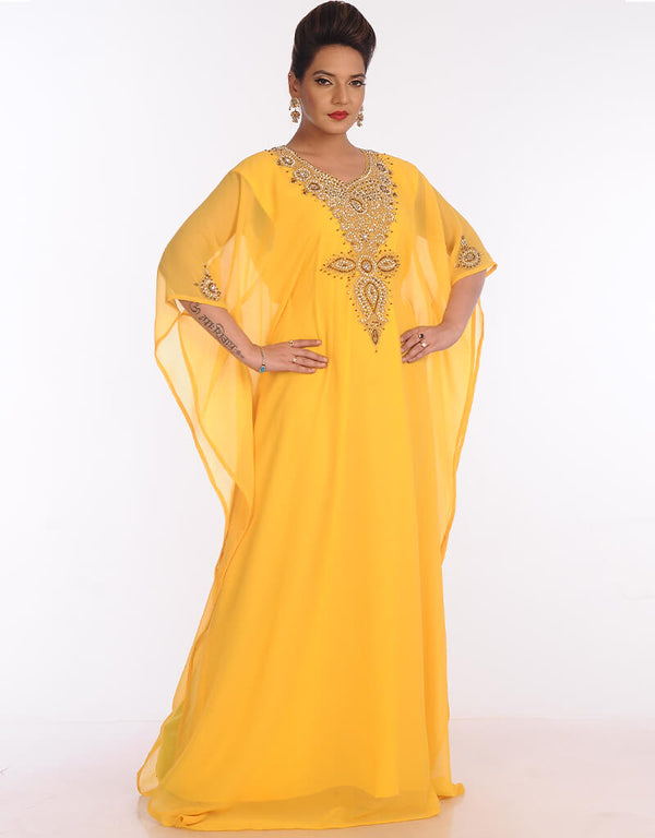 Muslimah Yellow Georgette Hand Embroidery Party Wear Kaftan
