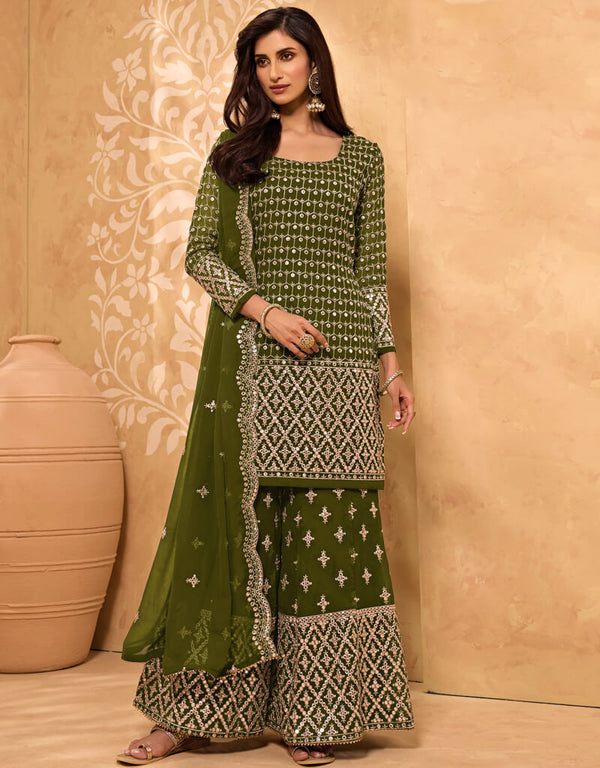 Mahendi Palazzo style Straight Georgette Salwar Kameez in Embroidery, Stone & Lace Work