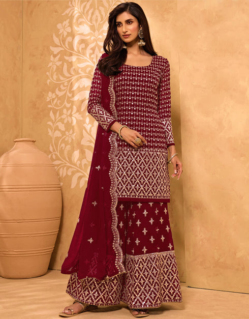 Dark Wine Palazzo style Straight Georgette Salwar Kameez in Embroidery, Stone & Lace Work