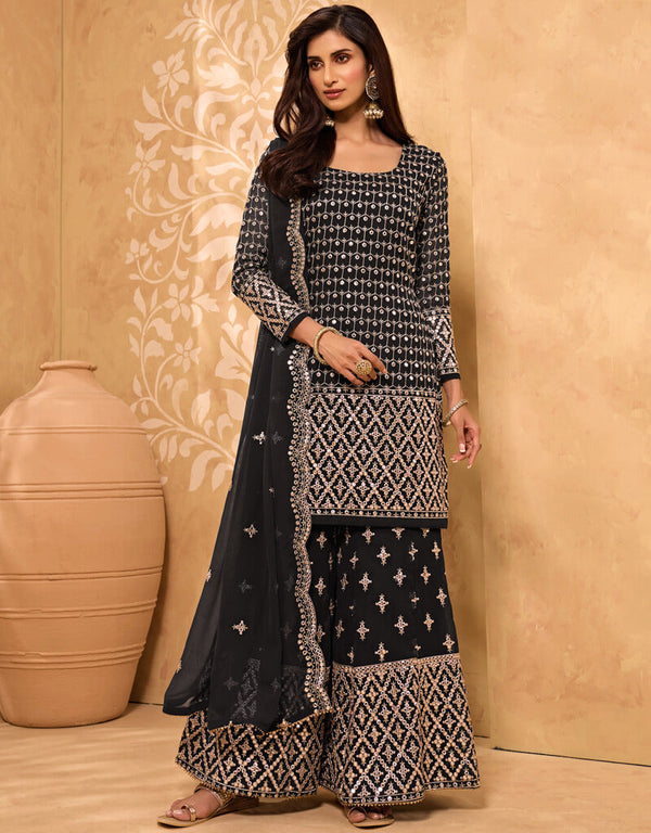 Black Palazzo style Straight Georgette Salwar Kameez in Embroidery, Stone & Lace Work