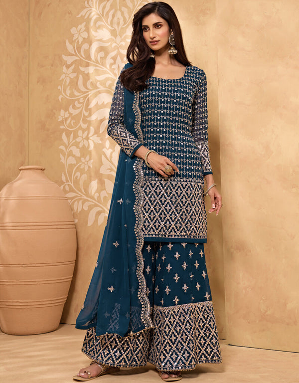 Royal Blue Palazzo style Straight Georgette Salwar Kameez in Embroidery, Stone & Lace Work