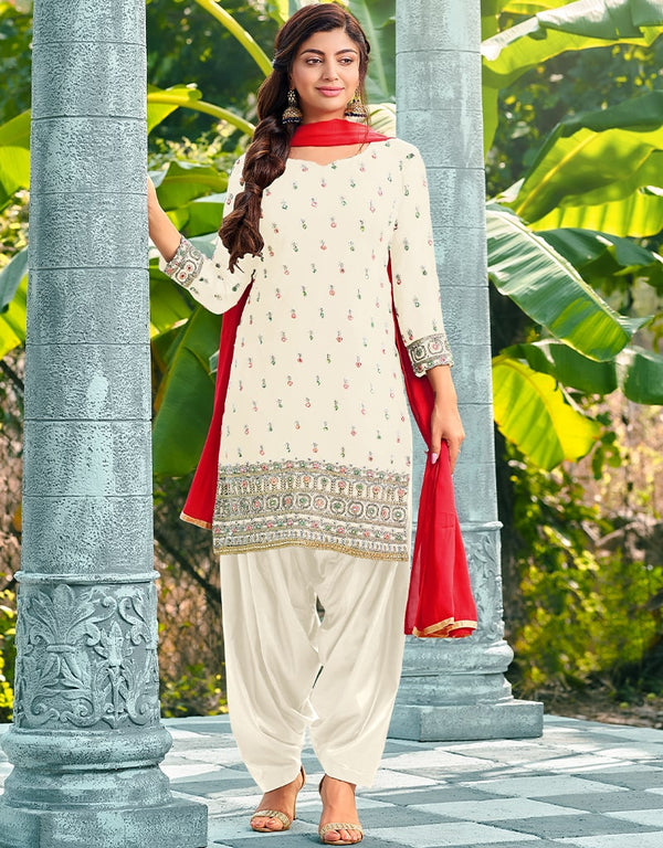White Patiyala style Salwar Suit Faux Georgette Salwar Kameez in Embroidery, Real Mirror & Lace Work