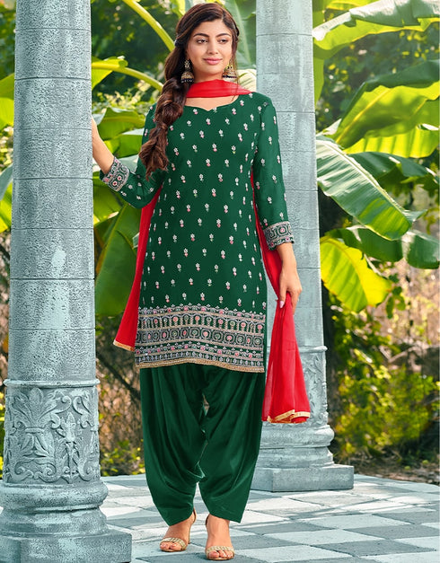 Green Patiyala style Salwar Suit Faux Georgette Salwar Kameez in Embroidery, Real Mirror & Lace Work
