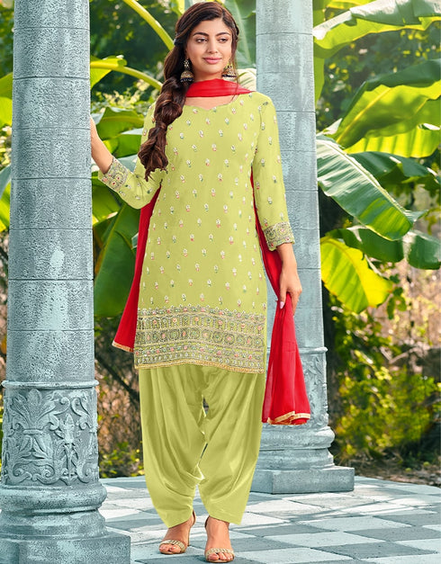 Light Green Patiyala style Salwar Suit Faux Georgette Salwar Kameez in Embroidery, Real Mirror & Lace Work