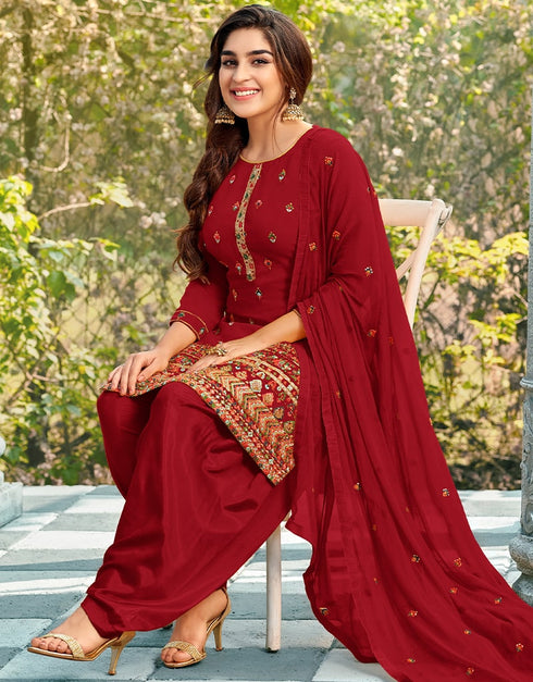 Red Patiyala style Salwar Suit Faux Georgette Salwar Kameez in Embroidery, Sequins & Lace Work Closure View