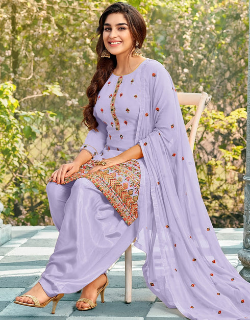 Light Lavender Patiyala style Salwar Suit Faux Georgette Salwar Kameez in Embroidery, Sequins & Lace Work Closure View