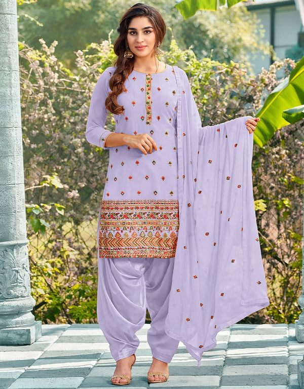 Light Lavender Patiyala style Salwar Suit Faux Georgette Salwar Kameez in Embroidery, Sequins & Lace Work
