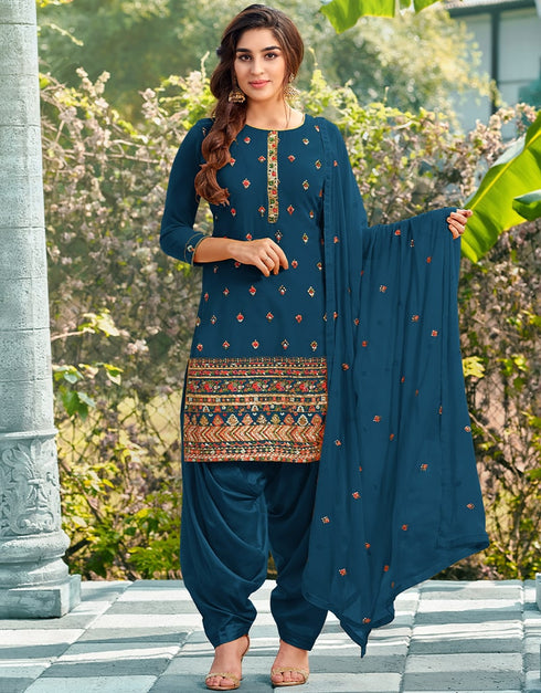 Teal Patiyala style Salwar Suit Faux Georgette Salwar Kameez in Embroidery, Sequins & Lace Work