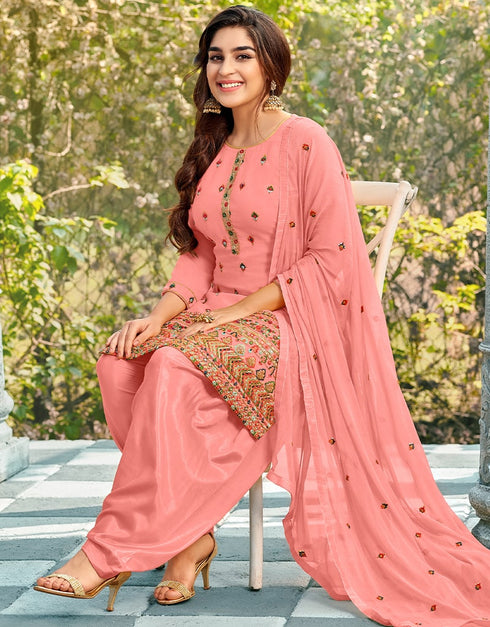 Peach Patiyala style Salwar Suit Faux Georgette Salwar Kameez in Embroidery, Sequins & Lace Work Closure View