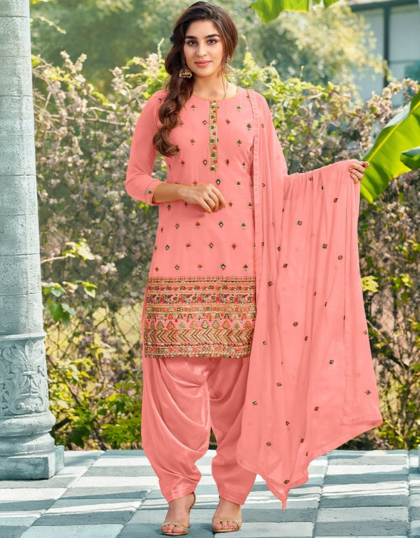 Peach Patiyala style Salwar Suit Faux Georgette Salwar Kameez in Embroidery, Sequins & Lace Work