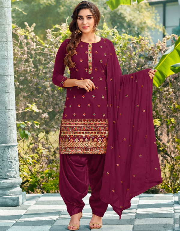 Maroon Patiyala style Salwar Suit Faux Georgette Salwar Kameez in Embroidery, Sequins & Lace Work