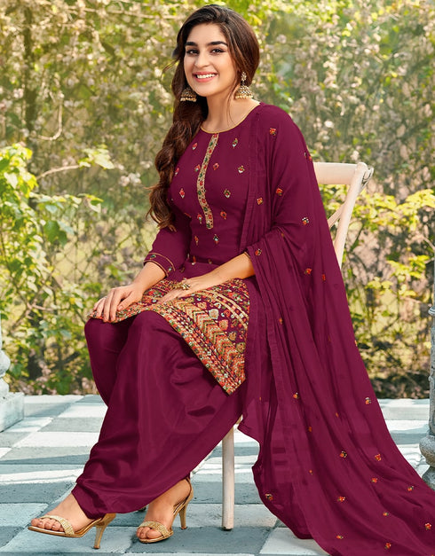 Maroon Patiyala style Salwar Suit Faux Georgette Salwar Kameez in Embroidery, Sequins & Lace Work Closure View