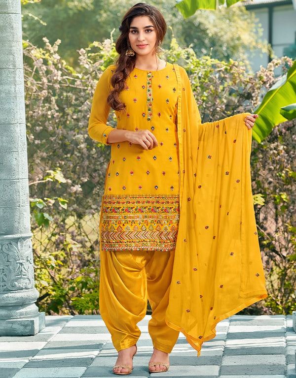 Yellow Patiyala style Salwar Suit Faux Georgette Salwar Kameez in Embroidery, Sequins & Lace Work