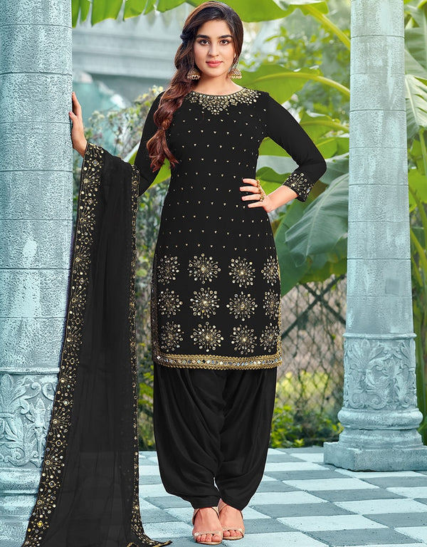 Black Patiyala style Salwar Suit Faux Georgette Salwar Kameez in Embroidery, Daimond, Real Mirror & Lace Work