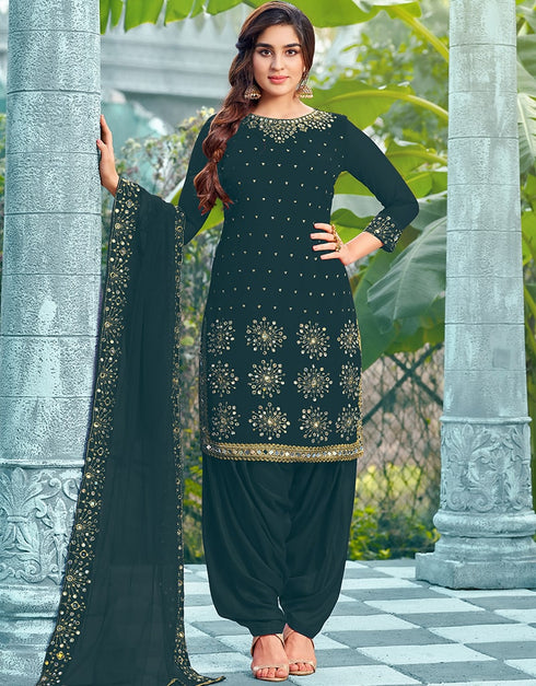 Green Patiyala style Salwar Suit Faux Georgette Salwar Kameez in Embroidery, Daimond, Real Mirror & Lace Work