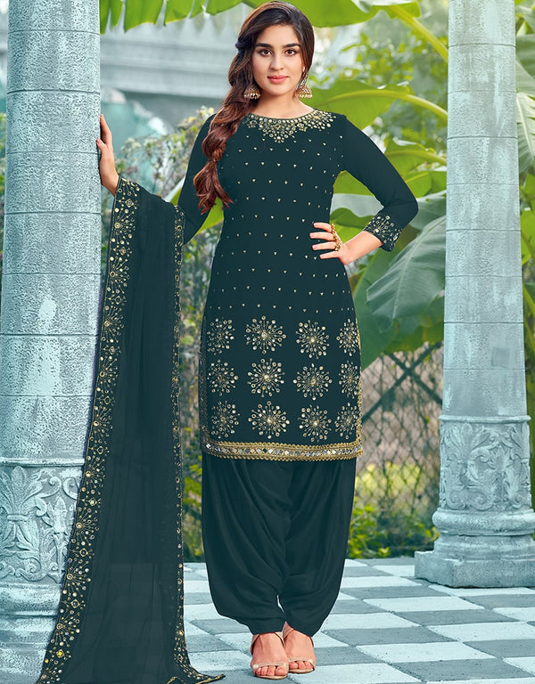 Green Patiyala style Salwar Suit Faux Georgette Salwar Kameez in Embroidery, Daimond, Real Mirror & Lace Work