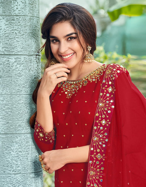 Red Patiyala style Salwar Suit Faux Georgette Salwar Kameez in Embroidery, Daimond, Real Mirror & Lace Work Closure View