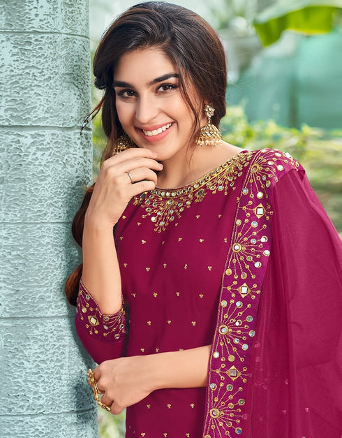 Wine Patiyala style Salwar Suit Faux Georgette Salwar Kameez in Embroidery, Daimond, Real Mirror & Lace Work Closure View