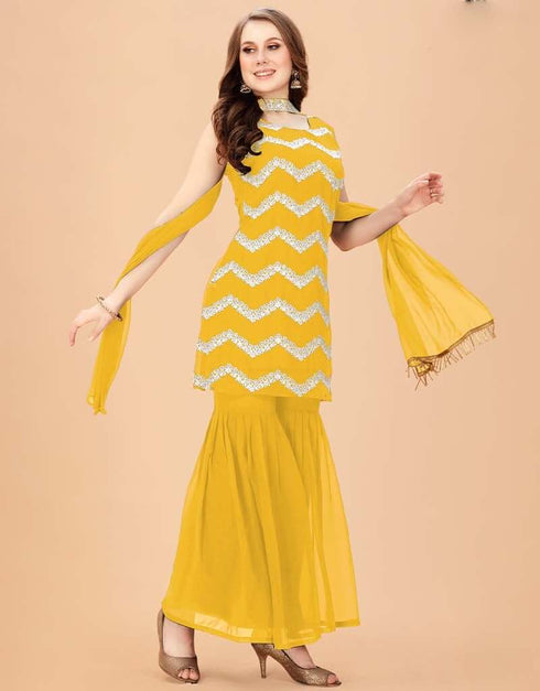 Yellow Sharara style Suit Faux Georgette Salwar Kameez in Sequins Embroidery & Lace Work