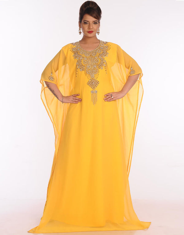Chic Yellow Georgette Hand Embroidery Party Wear Kaftan