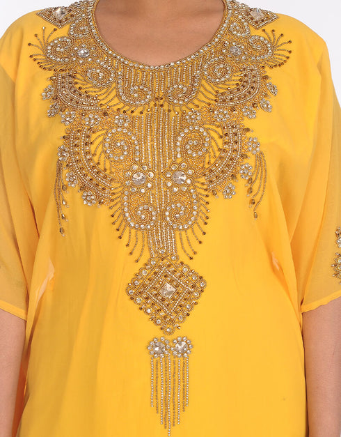 Chic Yellow Georgette Hand Embroidery Party Wear Kaftan