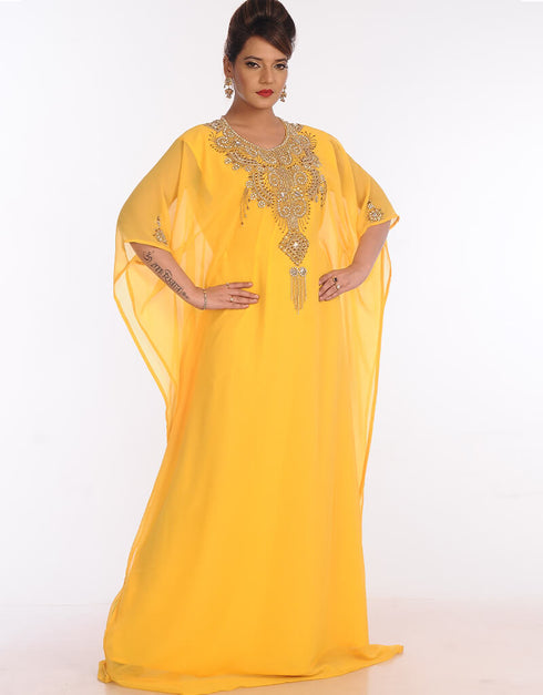 Chic Yellow Georgette Hand Embroidery Party Wear Kaftan
