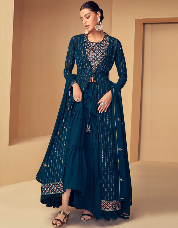 Teal Real Georgette Palazzo Suit