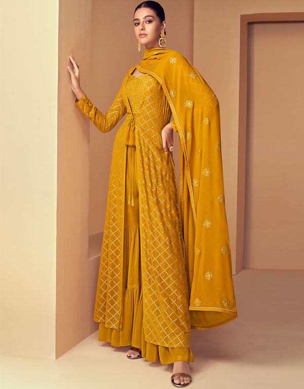 Mustard Real Georgette Palazzo Suit