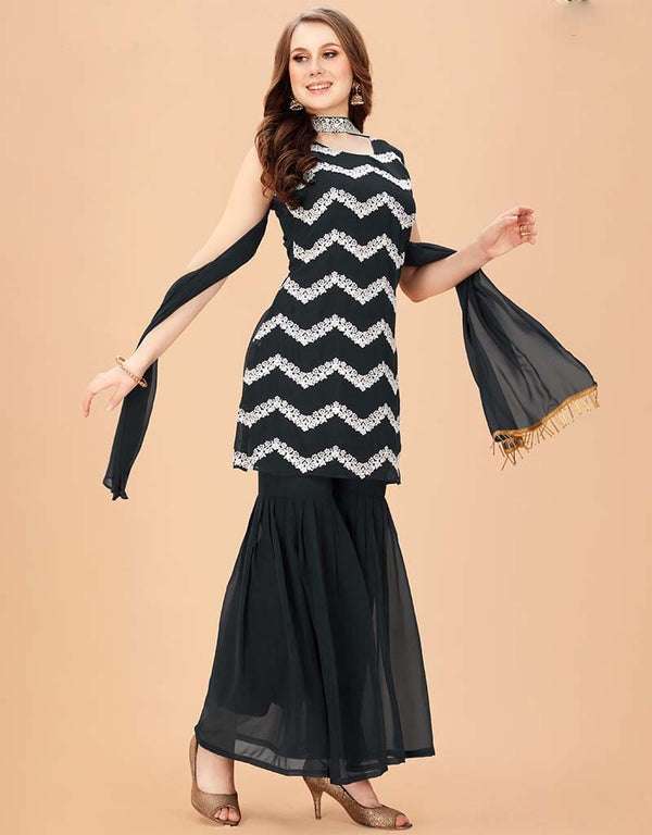Black Sharara style Suit Faux Georgette Salwar Kameez in Sequins Embroidery & Lace Work