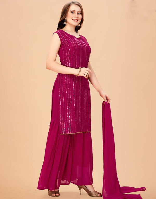 Dark Pink Sharara style Suit Faux Georgette Salwar Kameez in Sequins Embroidery & Lace Work