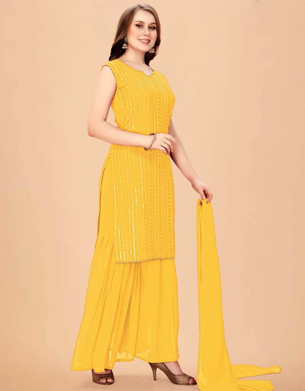 Yellow Sharara style Suit Faux Georgette Salwar Kameez in Sequins Embroidery & Lace Work