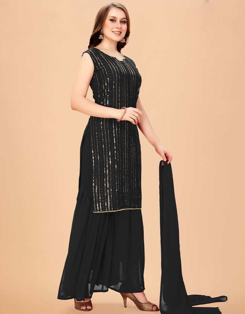 Black Sharara style Suit Faux Georgette Salwar Kameez in Sequins Embroidery & Lace Work