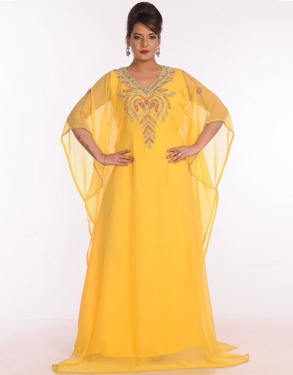 Trendy Yellow Georgette Hand Embroidery Party Wear Kaftan