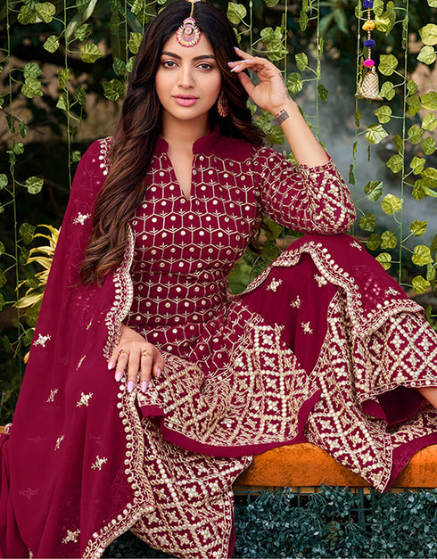 Maroon Palazzo style Salwar Suit Faux Georgette Salwar Kameez in Embroidery, Foil Paper & Lace Work Closure View