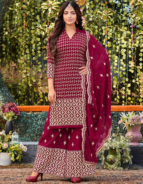 Maroon Palazzo style Salwar Suit Faux Georgette Salwar Kameez in Embroidery, Foil Paper & Lace Work