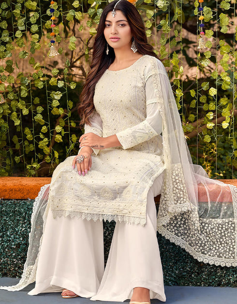 White Palazzo style Salwar Suit Faux Georgette Salwar Kameez in Embroidery & Lace Work Closure View