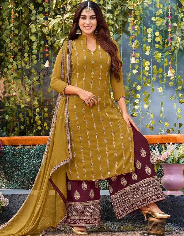Mustard Palazzo style Salwar Suit Faux Georgette Salwar Kameez in Embroidery & Lace Work