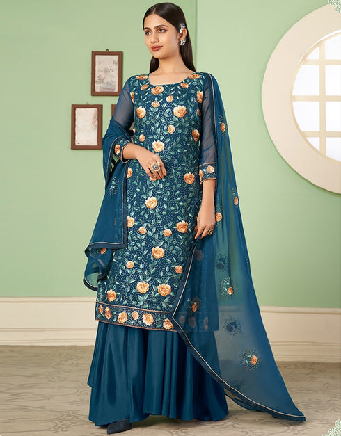 Teal Palazzo style Suit Georgette Salwar Kameez in Embroidery, Heavy Sequins & Lace Work Closure View