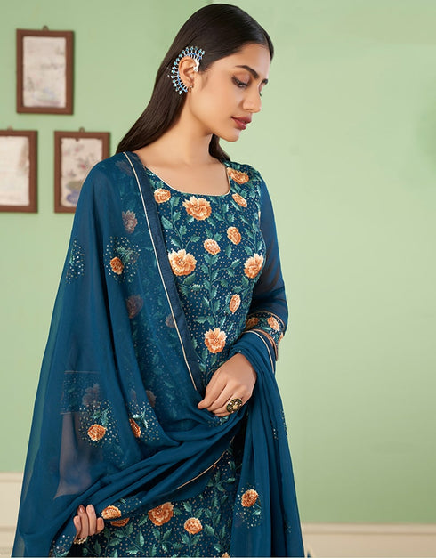 Teal Palazzo style Suit Georgette Salwar Kameez in Embroidery, Heavy Sequins & Lace Work Closure View Embroidery