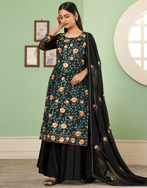 Black Palazzo style Suit Georgette Salwar Kameez in Embroidery, Heavy Sequins & Lace Work Closure View
