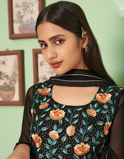 Black Palazzo style Suit Georgette Salwar Kameez in Embroidery, Heavy Sequins & Lace Work Closure View Embroidery