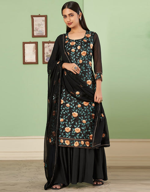 Black Palazzo style Suit Georgette Salwar Kameez in Embroidery, Heavy Sequins & Lace Work