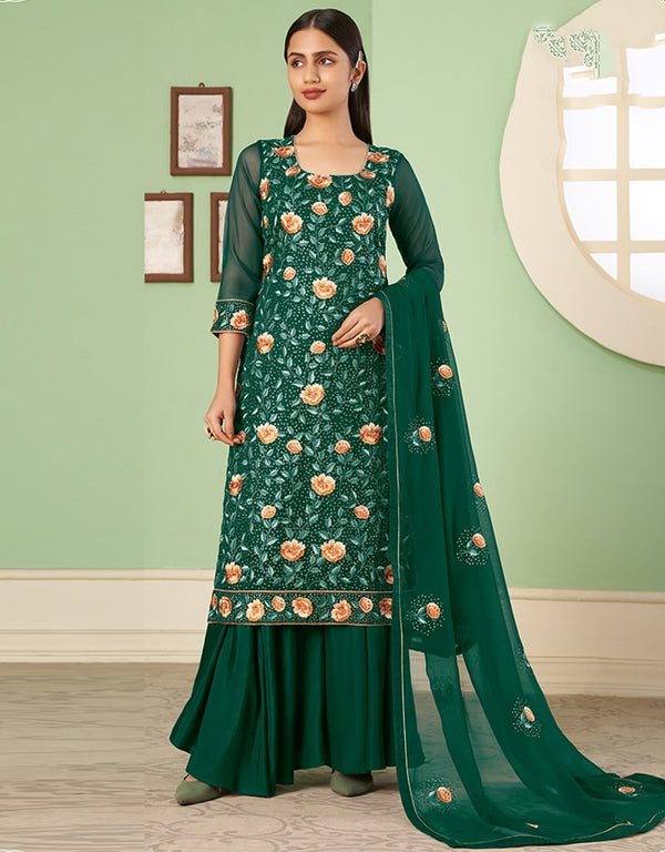 Green Palazzo style Suit Georgette Salwar Kameez in Embroidery, Heavy Sequins & Lace Work