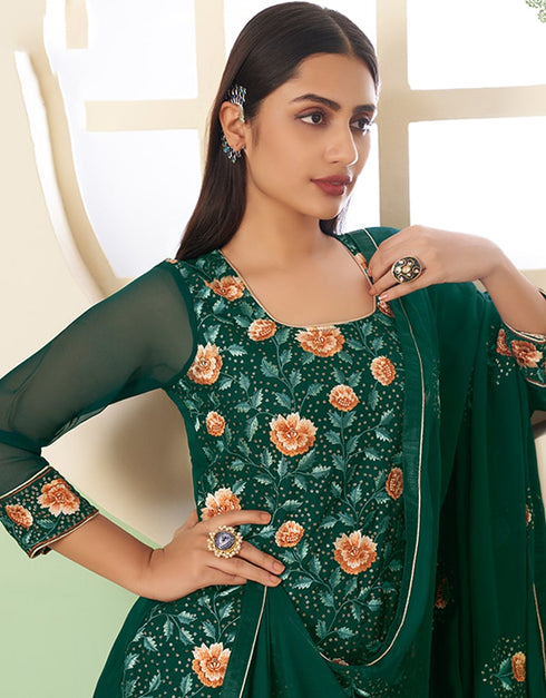 Green Palazzo style Suit Georgette Salwar Kameez in Embroidery, Heavy Sequins & Lace Work Closure View Embroidery